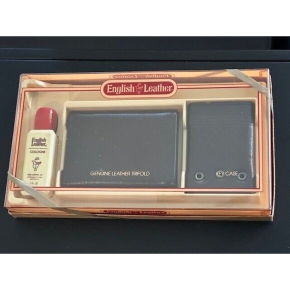 English Leather Set Cologne Leather Trifold Wallet Key Case Vintage 098858 NOS